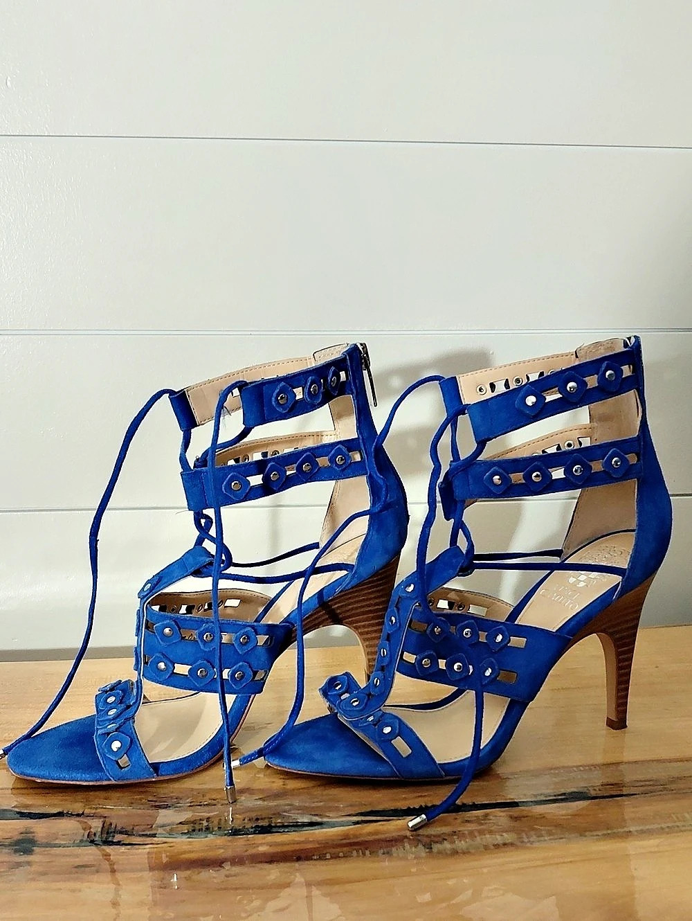 Vince Camuto Blue Studded Ankle-Strap Heels